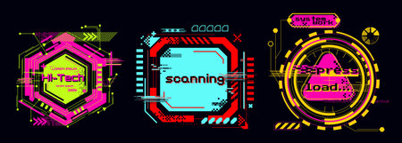Cyberpunk glitch frame collection with neon colors - circular badge, triangular border design, hexagonal print element. Digital interface graphics for futuristic ui, tech overlays and gaming assets.のイラスト素材