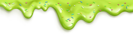 Green ice cream melt with colorful sprinkles dripping down - lime frosting or pistachio glaze flowing on white surface. Rainbow topping on glossy dessert for birthday party decoration or bakery designのイラスト素材