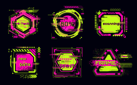 Cyberpunk glitch frame collection with neon colors - circular badge, triangular border design, hexagonal print element. Digital interface graphics for futuristic ui, tech overlays and gaming assets.のイラスト素材
