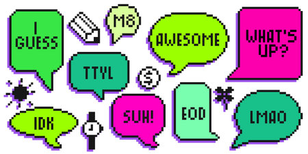 Pixel art speech bubbles set in bright colors - retro 8 bit chat balloons with text messages. Gaming style dialogue boxes for digital communication, messenger stickers, social media design elements.のイラスト素材