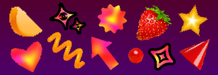 Y2k pixel shapes set with brutalism aesthetic - gradient hearts, sparkling stars, strawberry icon, orange slice, retro arrows and geometric forms. Nostalgic digital art elements for vaporwave design.のイラスト素材