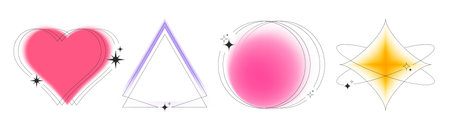 Geometric border shapes with colorful blur aura effects - red heart, purple triangle, pink circle and star with soft gradient and outlines with sparkles for trendy y2k design frames decoration.のイラスト素材