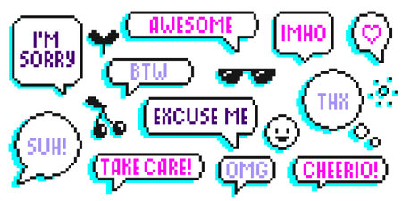 Pixel art speech bubble collection with trendy text phrases - retro gaming style chat balloons for digital messaging. Comic conversation elements, social media stickers. 8 bit communication graphicsのイラスト素材