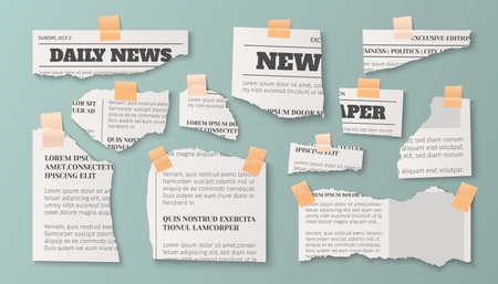 Vintage newspaper pieces with torn edges taped - daily news fragments showing headlines, columns and text sections. Retro journalism collage for media design, scrapbook layouts or press concepts.のイラスト素材
