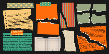 Vintage collage torn note papers with patterns - ripped orange sheets, handwritten journal pages, tape and strip scraps, graph paper pieces for creative scrapbook layouts or mood board designs.のイラスト素材