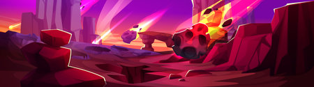 Vibrant alien planet landscape with crystalline formations - purple sky, falling fire asteroid rock in otherworldly terrain for sci fi game environment or futuristic exploration scene artwork.のイラスト素材
