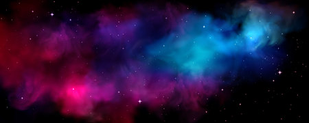Cosmic space nebula with vibrant colors - purple, pink and blue stellar clouds, glowing stars scattered across galaxy, planet atmosphere background for astronomy or universe exploration design.のイラスト素材