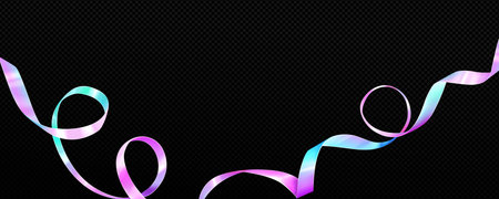 Hologram tape ribbon with rainbow gradient effect - iridescent curling strip of pink, blue and purple colors. Decorative metallic streamer for party decoration or festive celebration design elements.のイラスト素材