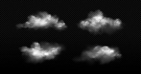 Realistic cloud formations on transparent background - white fluffy cumulus shapes with soft edges. Natural sky elements for weather graphic, atmospheric overlays or meteorological illustration designのイラスト素材