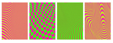 Psychedelic optical illusion backgrounds - vibrant wave patterns with neon colors, distorted checkerboard, flowing stripes. Trippy visual effects for retro posters, hypnotic and groovy artwork designのイラスト素材