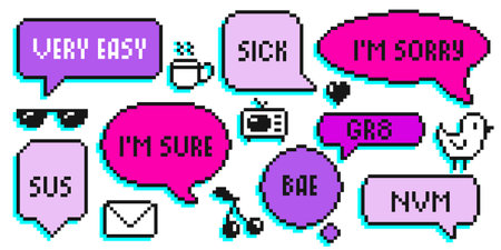 Pixel speech bubbles in with shadows - retro 8 bit chat balloons, text boxes for gaming UI. Digital communication icons, message clouds, dialogue elements for apps, social media vintage style design.のイラスト素材
