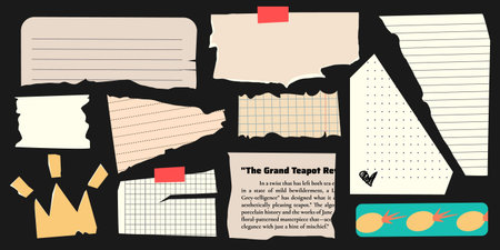 Vintage torn note paper elements - ripped notebook sheets with lines, grid patterns, dotted textures. Papers with adhesive tape, retro stationery pieces for scrapbooking, journaling, collage art.のイラスト素材