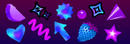 Blue and purple neon pixel graphics with y2k brutalism vibe - gradient shapes, sparkling stars, heart and strawberry, arrow cursor and spherical orb. Retro digital elements for synthwave design.のイラスト素材