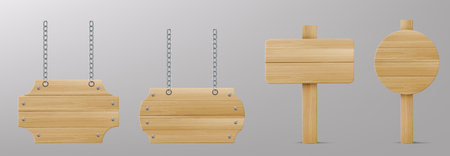 Wood board 3d set with hanging signs on metal chains, rectangular and circular wooden posts on pole. Rustic signage elements for outdoor navigation, restaurant menu displays, shop branding mockups.のイラスト素材