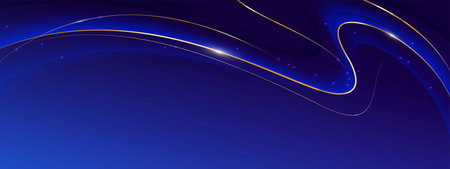 Luxury award ceremony backdrop with blue gradient waves, golden curved lines, sparkling particles and elegant flowing shapes. Premium celebration design for events, achievements and recognitions.のイラスト素材