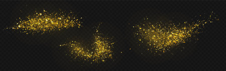 Gold dust explosions with shimmer particles - glowing yellow splatter bursts, metallic powder clouds and sparkling fragments. Luxury magic effects for celebration designs and festive decorations.のイラスト素材