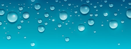 Waterdrop beads on blue surface - crystal clear droplets with shadows, various sizes of pure water spheres scattered on smooth backdrop. Fresh moisture elements for beverage advertising, rain effects.のイラスト素材