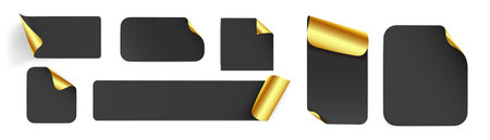 Black paper labels with gold corner curls showing metallic underside - premium sticker set in various shapes. Elegant blank tags for luxury branding, pricing or exclusive product packaging design.のイラスト素材