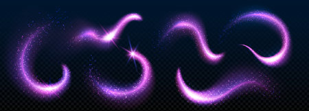 Glowing magic dust trails with fairy sparkles - purple luminous swirls, mystical light particles and shimmering stardust effects on dark for fantasy artwork, spell casting or enchanted digital designsのイラスト素材
