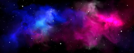 Cosmic space nebula with vibrant colors - purple, pink and blue stellar clouds, glowing stars scattered across galaxy, planet atmosphere background for astronomy or universe exploration design.のイラスト素材