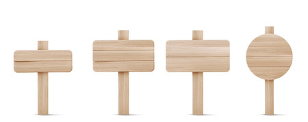 3d wood board signpost set - blank wooden planks on posts, rectangular and circular shapes with natural grain texture. Rustic directional markers for outdoor navigation countryside trail guides.のイラスト素材