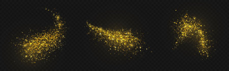 Gold dust explosions with shimmer particles - glowing yellow splatter bursts, metallic powder clouds and sparkling fragments. Luxury magic effects for celebration designs and festive decorations.のイラスト素材
