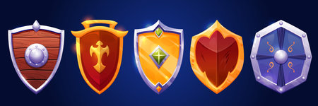 Medieval cartoon shield collection for game ui - wooden defense with metal studs, golden warrior protection with axe emblem, silver guard decorated with gem, red knight armor plate, blue defender.のイラスト素材
