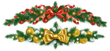Christmas tree garland decorations with evergreen pine branches, red ribbon bow and baubles, golden satin bow with yellow ball ornaments. Festive borders and dividers for xmas holiday designs.のイラスト素材