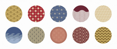 Japanese tradition circle set with various geometric and nature patterns. Decorative oriental elements for Asian designs, packaging or textiles projects. Classic motifs in modern circular format.のイラスト素材