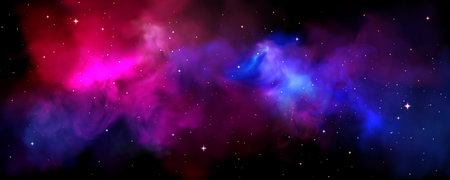 Cosmic space nebula with vibrant colors - purple, pink and blue stellar clouds, glowing stars scattered across galaxy, planet atmosphere background for astronomy or universe exploration design.のイラスト素材