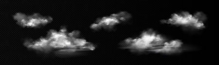Realistic cloud formations on transparent background - white fluffy sky elements with soft edges, various cumulus shapes floating in atmosphere. Weather overlays for nature scenes and compositing.のイラスト素材