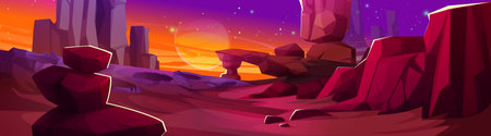 Alien planet landscape with vibrant red rocky terrain, stone formations, orange sunset sky with stars and moon, cliffs and stones in sci fi environment for space exploration game level design.のイラスト素材