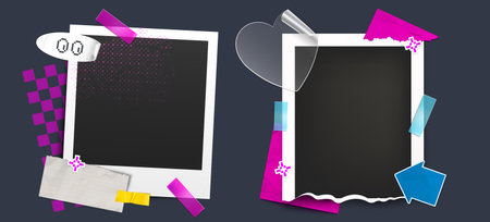 Y2K photo frames with colorful decorative elements - retro instant snapshots with heart shapes, pixel sticker, tapes. Nostalgic millennial design for scrapbooking or digital memory collage layouts.のイラスト素材