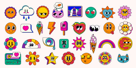 Vibrant retro pop emoticon set with groovy cartoon characters - cute faces, weather elements, food items and abstract shapes in bright colors for messaging, social media stickers and nostalgic designのイラスト素材