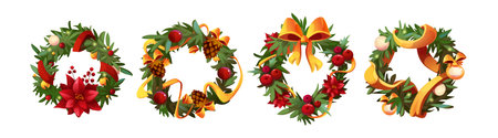 Branch garland cartoon wreaths with festive evergreen circles, red poinsettia blooms, golden ribbons and baubles on pine needles, berries and pinecones decorating holiday frames for Christmas designのイラスト素材