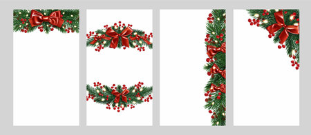 Holiday frame borders with pine tree branches decorated by red satin bows and ribbons, shiny baubles and holly berries - festive wreath designs for Christmas cards, invitations or seasonal decorationsのイラスト素材