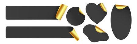 Black paper labels with gold corner curls showing metallic underside - premium sticker set in various shapes. Elegant blank tags for luxury branding, pricing or exclusive product packaging design.のイラスト素材