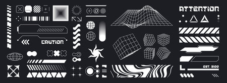 Cyberpunk HUD design elements in white on black - futuristic interface kit with grid wireframes, geometric shapes, digital patterns and tech symbols. Sci fi UI components. Data bars for game screens.のイラスト素材