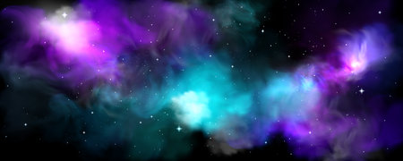 Cosmic nebula with vibrant purple and blue gas clouds - space background with stars, planet atmosphere and interstellar dust. Galaxy scenery for fiction astronomy wallpapers and universe designs.のイラスト素材