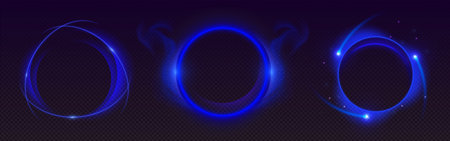 Blue neon halo circles set - glowing ring effects with bright light trails, electric circular frames on dark background. Modern luminous design elements for ui, game interface or futuristic decorationのイラスト素材