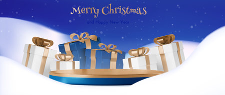 Blue xmas podium display with Merry Christmas greeting - golden platform with gift boxes with gold ribbons, snowflakes falling on white snowy background. Holiday product showcase for New Year design.のイラスト素材