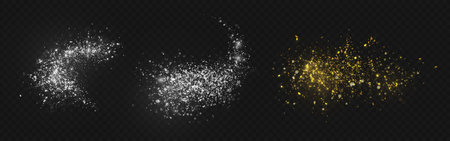 Glowing dust particles explosion with shimmer effect - bright white sparkles burst, golden powder clouds on black background for overlay design, magical light elements and luxury decoration graphics.のイラスト素材