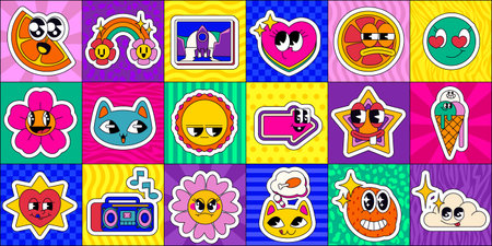 Retro pop emoticon grid with vibrant character stickers on psychedelic backgrounds - groovy faces and flowers, cats, hearts and objects in bold colors for nostalgic digital collage and y2k design.のイラスト素材