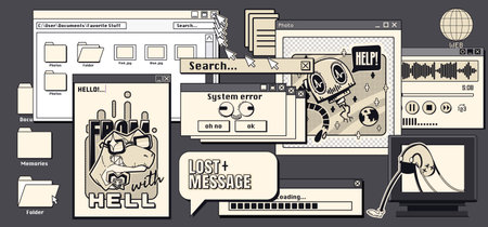 Nostalgic y2k internet aesthetic with retro computer windows - vintage browser interfaces, system error popup, loading bar and desktop folder for digital vaporwave designs and millennial graphics.のイラスト素材