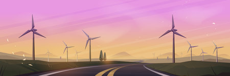 Wind turbines along empty road at sunset - renewable energy landscape with power generation farm. Highway through countryside with sustainable electricity infrastructure for eco friendly travel.のイラスト素材