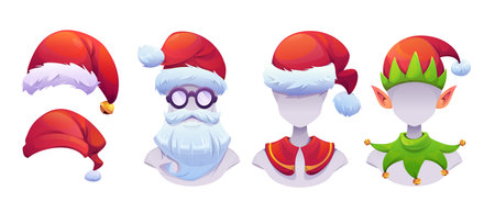 Christmas costume elements set - red Santa hats with white fur, elf headwear with ears and collar, glasses and beard for holiday character dress up or photo filter. Festive accessories collection.のイラスト素材