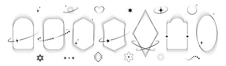 Black line border frames with stars, hearts and celestial orbits - minimalist aura designs in oval, rectangular and diamond shapes. Blurred sparkle elements, geometric outlines for mystical graphics.のイラスト素材