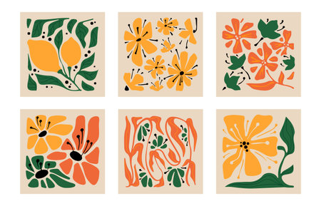 Groovy floral art squares inspired by Matisse style - boho botanical prints with orange, yellow blooms and green leaves on beige. Retro cut out style flowers in abstract compositions for wall decorのイラスト素材