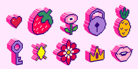 Isometric pixel art icons in 3d style - purple lock and red heart, strawberry, lips and purple key,, daisy flower, pineapple, golden crown and star twinkle for retro gaming interface design elements.のイラスト素材