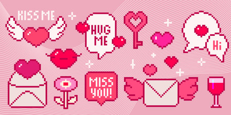 Pink pixel art Valentine collection with hearts, love letters and romantic messages - retro 8 bit style wings, envelopes, wine glass on wavy striped bg. Digital nostalgia design for gaming aesthetics.のイラスト素材